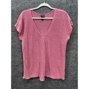 Eileen Fisher Hemp Knit Sweater Top Womens XL Pink Relaxed Short Sleeve V Neck